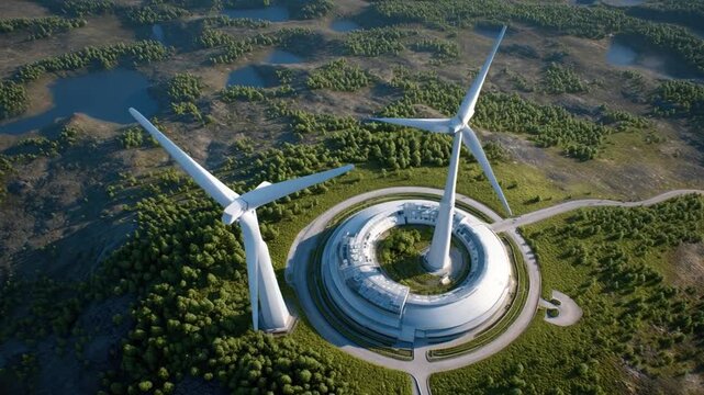 Renewable energy powers data centers with wind turbines in green landscape featuring sustainable technology and clean energy for efficient operation - Powered by Adobe