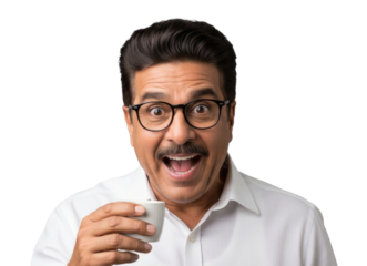 Man with glasses holding a small cup transparent background cutout png