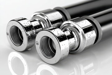 Close up of two chrome water pipe fittings with water drops on white background, shiny surface and black pipe extension visible, industrial design plumbing object