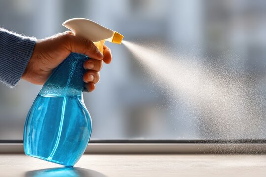 A person sprays cleaning fluid from a blue bottle, symbolizing hygiene and home care, with a focus on preventing illness and maintaining cleanliness inside the house. - Powered by Adobe