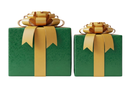Two green gift boxes with gold ribbons transparent background cutout png