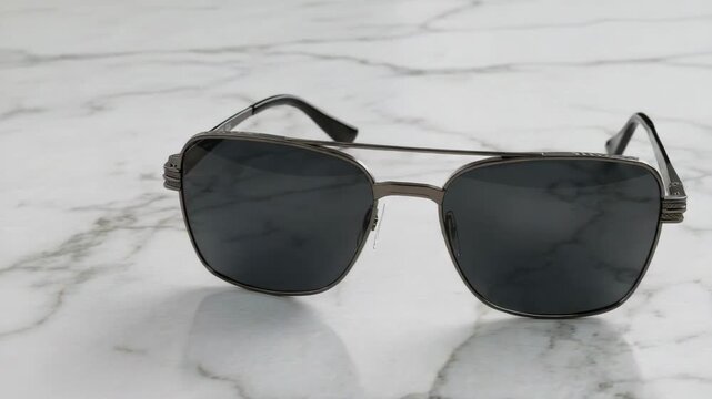 Sunglasses on a marble surface with black frames and dark lenses