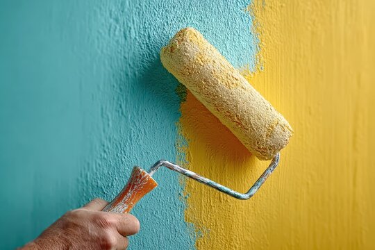 A vibrant yellow paint roller applying a fresh coat of color onto a turquoise wall, creating a bold and colorful contrast for a lively and creative effect.