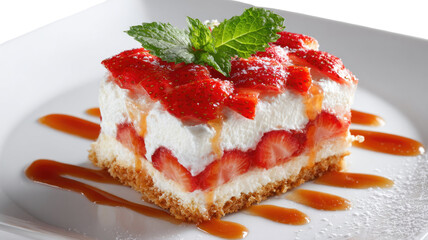 Creamy cheesecake topped with fresh strawberries and sweet glaze showcasing a delicious dessert and bakery treat isolated on white background