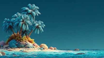 Obraz premium Tropical island with blue palm trees and sandy beach. turquoise ocean waves. clear sky. serene nat
