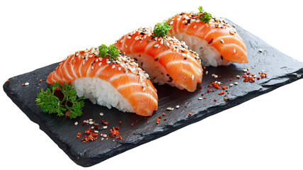 Fresh sushi rolls with salmon slices, rice, and seaweed prepared for Japanese cuisine and seafood appetizer isolated on white background