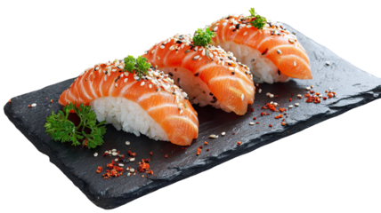 Fresh sushi rolls with salmon slices, rice, and seaweed prepared for Japanese cuisine and seafood appetizer isolated on white background