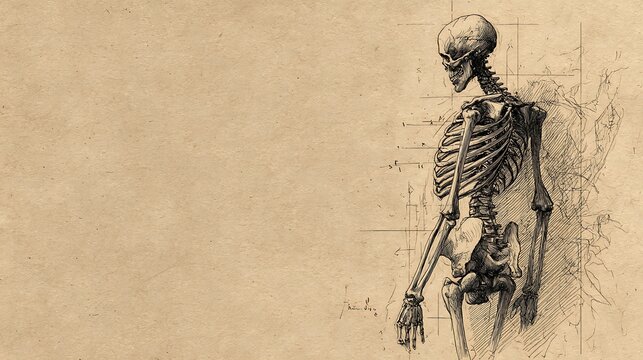 Vintage human skeleton sketch in black ink on textured paper. anatomical study illustration with m