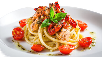Spaghetti pasta served with rich tomato sauce and fresh herbs garnished for Italian cuisine meal isolated on white background
