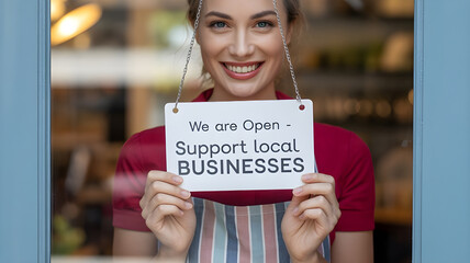 Smiling woman holding open sign supporting local businesses in storefront