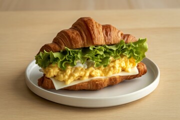 A photo of a croissant sandwich with an egg, cheese, and lettuce leaf