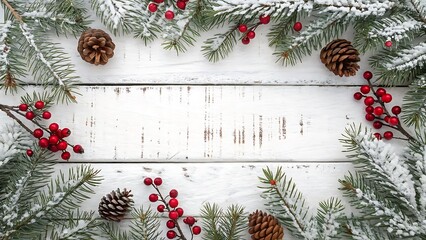 Festive christmas background with snow covered evergreen branches, red berries, and pine cones framing a rustic white wood surface for holiday greetings