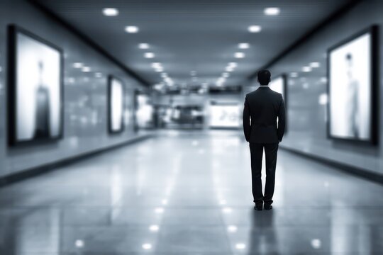 A businessman standing in a modern hallway with abstract art and a blurred background, creating a sense of mystery and contemplation in an architectural space. - Powered by Adobe