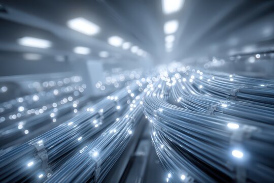 Vibrant glowing fiber optic cables symbolizing high-speed digital data flow.