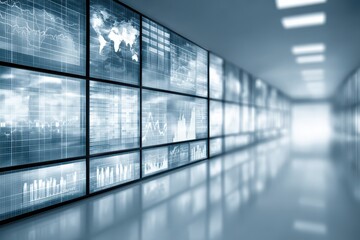 High-tech corridor with digital screens showing global data visualization