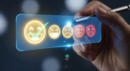 Customer satisfaction survey with glowing happy and unhappy emoji faces on a futuristic digital interface