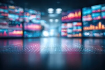 Futuristic control room with glowing grid pattern and abstract data displays