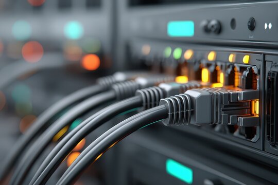 Close-up of network cables connected to a server rack, highlighting data transmission and technology infrastructure.