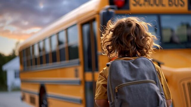 A child walking to a bright yellow school bus, with a backpack in anticipation of a new school day