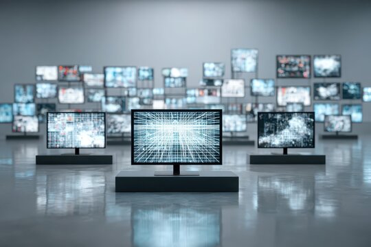 Multiple digital screens showing abstract data in a modern technology environment.