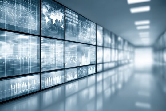 High-tech corridor with digital screens showing global data visualization