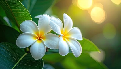 Two White Plumeria Flowers With Yellow Centers And Green Leaves With Golden Sunlight Bokeh Background In Morning Light
