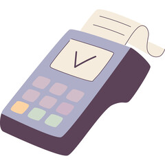 Portable Payment Terminal With Receipt Paper Roll On A Transparent Background With Pastel Buttons And A Simple Screen Display