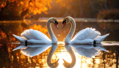 Two white swans forming a heart shape with their necks on a calm lake during golden hour with warm sunlight reflecting on the water and autumn foliage in the background