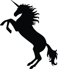 Majestic black silhouette of a rearing unicorn with a flowing mane and tail