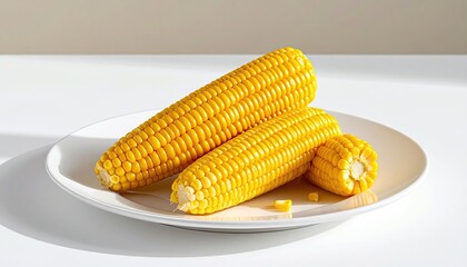 Two Whole Yellow Corn Cobs and a Half Corn Cob on a White Plate with Natural Sunlight and Shadows
