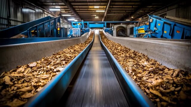 Medium shot showcasing largescale conveyor belt feeders efficiently moving vast quantities of leaves in a highcapacity industrial setting for bulk processing.