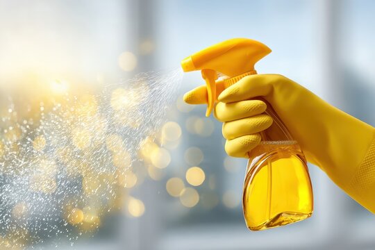 Yellow gloved hand spraying cleaning fluid, creating a sparkling mist.