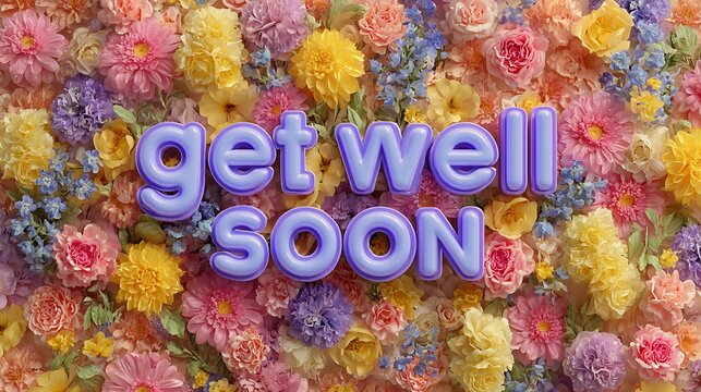Get Well Soon message in 3D puffy letters against a soft pastel floral background with roses and d