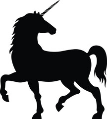 Silhouette of a majestic unicorn standing with one leg raised in a magical fantasy setting