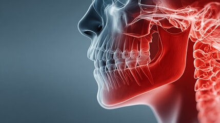 Translucent human jaw anatomy with glowing red inflamed area and teeth. side profile. medical 3D r