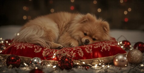 Cute Pomeranian Dog in Christmas Theme with Festive Decorations and Cozy Holiday Atmosphere