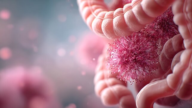Microscopic view of intestinal villi with pink pathogenic virus particles affecting colon health.