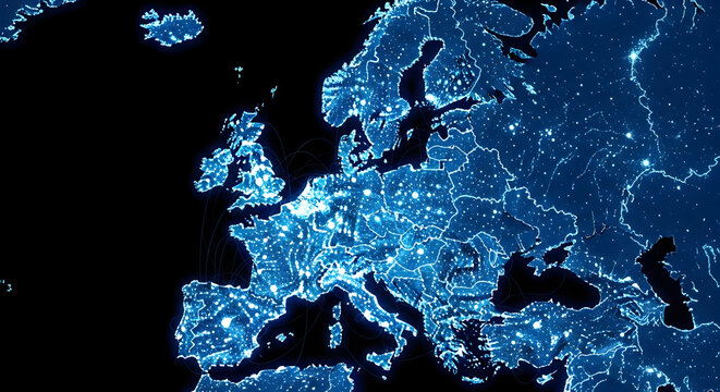 A stylized digital map of Europe glows with bright blue outlines and scattered points of light symbolizing interconnectedness and urban centers against a deep black backdrop 87039239 1
