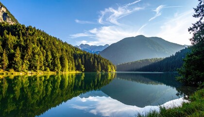 Vast Alpine Valley With A Reflective Lake Surrounded By Dense Green Forests And Majestic Mountains Under A Clear Blue Summer Sky