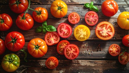 Various Ripe Tomatoes Red Orange Yellow Green Whole and Sliced on Rustic Wooden Surface with Basil Leaves and Spices Overhead View