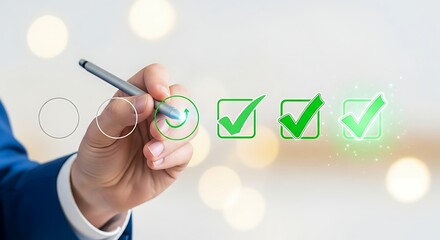 Hand holding pen marking green checkmarks on a digital interface representing a completed task or survey