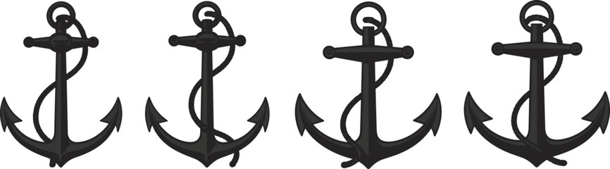 Set of vintage nautical anchor illustrations with rope, marine symbol of strength and stability, detailed black vector design for sailing and ocean themes