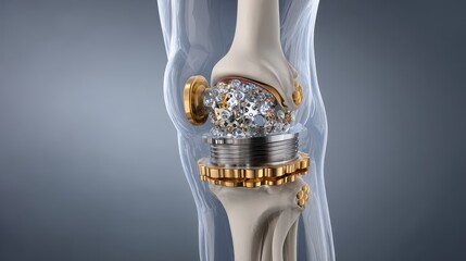 Knee joint replacement surgical illustration showing detailed components and mechanisms for understanding procedure and function