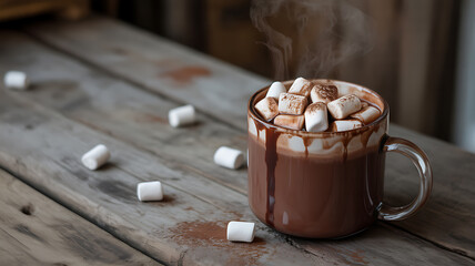 Steaming hot chocolate with marshmallows in a glass mug on a wooden table