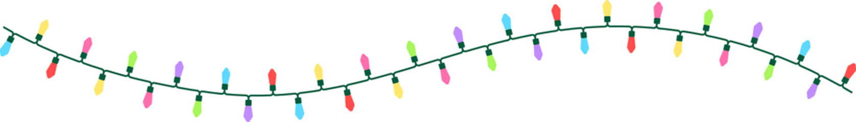 6色の電球でカラフルなクリスマスライト（String lights）の背景透過イラスト。点灯していない・S字カーブバージョン。電線の細かい形状を再現している。