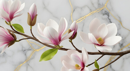 Obraz premium A close-up of beautiful magnolia flowers and buds on a branch set against a textured marble backdrop with elegant gold accents 20717275 1