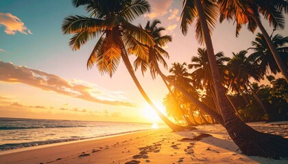 Tropical Beach Sunset With Palm Trees and Ocean Waves in Warm Golden Light