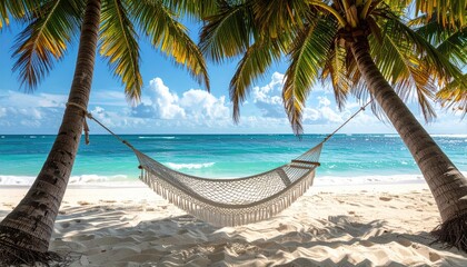 Tropical beach paradise with a hammock strung between two palm trees on a sunny day with turquoise ocean waves and white sand