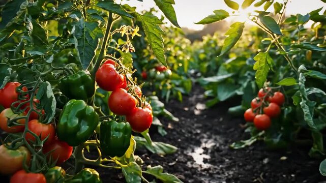 Vibrant garden scene showcasing fresh tomatoes and cabbage growing in the sunlight for harvest