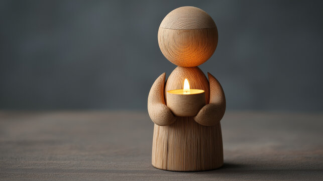 Wooden figure holding tiny candle in hands, representing meditation, hope, inner light, and mindfulness for emotional stability and peace. 